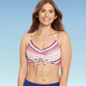 Beach Betty Women's Slimming Control Shirred Bikini Crop Top Coral Stripe Sz M
